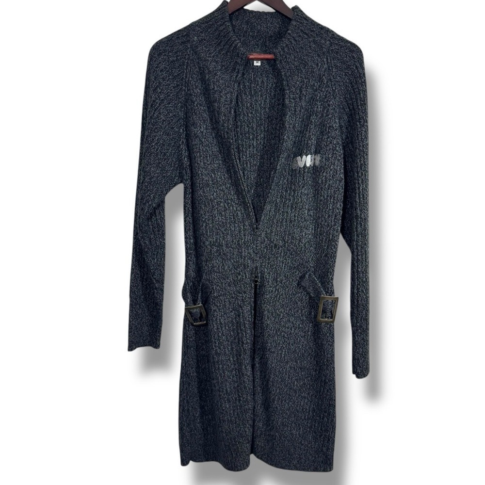 Evisu Genes Knit Double Zipped Cardigan Grey Buckle Longline Mock Neck Medium - Picture 3 of 12